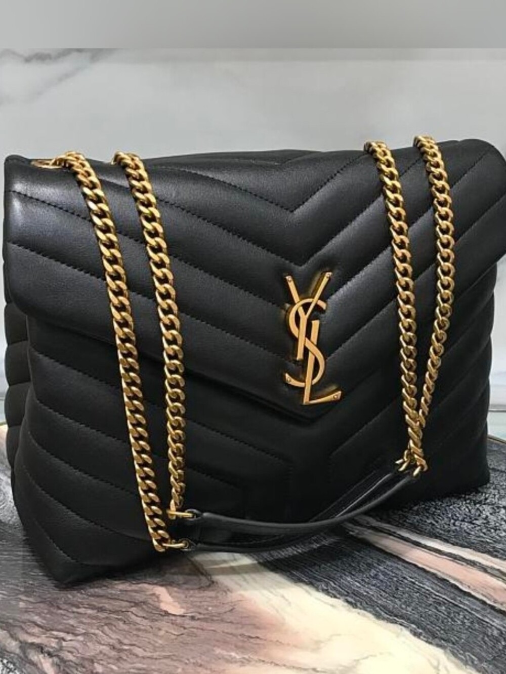 Black Quilted Chevron Shoulder Bag with Gold Chain